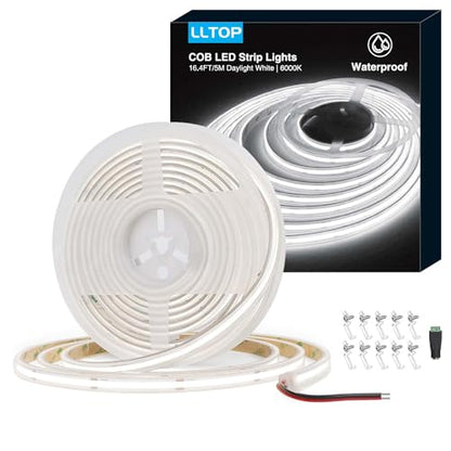 LLTOP COB LED Strip Light Waterproof IP67 24VDC Daylight White 6000K 16.4FT | CRI 92Ra+, Outdoor LED Tape Lighting, DIY Cuttable, For Bedroom Kitchen Cabinet Shelf (Power Supply Not Included) - color: Daylight White 6000K (power supply not included)