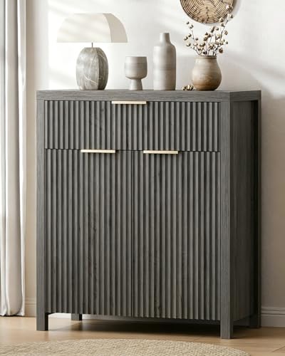 Fluted Buffet Cabinet for Kitchen, 28.3" Sideboard Cabinet Grey | Adjustable Shelves, Quiet Full-Extension Slides, Curved Metal Handle, Coffee Bar with Drawers for Dining Room, Entryway - color: Grey, size: 13.8"D x 28.3"W x 32.7"H