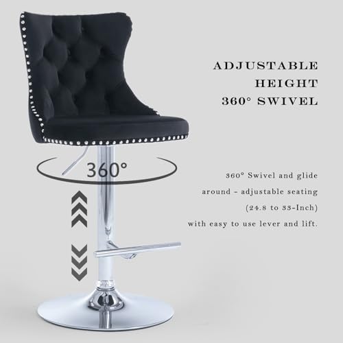 Velvet Bar Stool Set of 2, Adjustable Swivel Bar Stools with Silver Plated Metal Leg, Button Tufted, Footrest, Chrome Nailhead, Counter Height Chair for Kitchen, Bar, Dining Room (Black) - color: Black-silver Leg, size: Set of 2