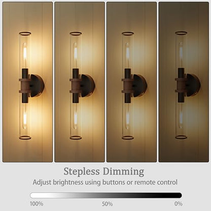 Rayogale Black & Walnut Wireless Battery Operated Wall Sconces with Remote | Glass Rechargeable Wall Lights Set of 2 with Timer Function Dimmable for Living Room Bedroom Emergency 3000K, 20.5 Inch - color: Black & Walnut(Clear Tubular Lampshade)