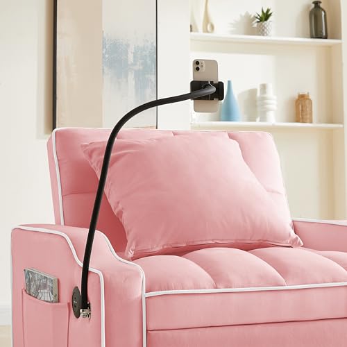 Eafurn Velvet Convertible Sleeper Chair Bed with USB Port & Phone Holder, 3-in-1 Pull Out Sofa Bed Chair, Multi-Functional Chair Bed with Adjustable Backrest & Side Pockets - color: Pink 33.85"