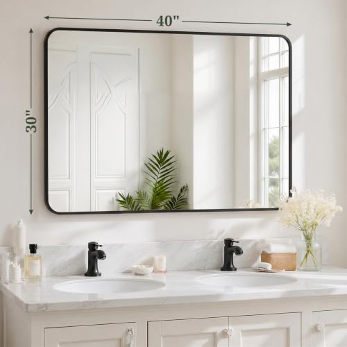 Bathroom Mirror for Wall, 40x30 Inch HD Tempered Glass Vanity Mirror | Rounded Corner Rectangular Wall Mount Mirror with Black Metal Frame for Bedroom Entryway, Horizontal or Vertical Hanging - color: Black, size: 40"L x 30"W