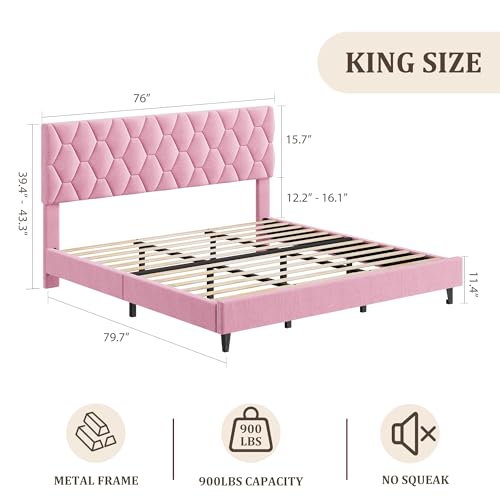 GAOMON Bed Frame with Upholstered Headboard, Heavy-Duty Platform Bed Frame with Strong Wood Slats, No Box Spring Needed/Noise Free/Easy Assembly,King,Pink | Heavy-Duty Bed Frame with Wooden Slats Support Upholstered Mattress Foundation No Box Spring Neede