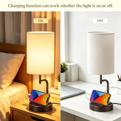 Dreamholder 2 Pack Table Lamp, Bedside Lamp with 3 USB Charging Ports & AC Outlet, USB Desk Lamp with 2 Phone Holders, Linen Fabric Shade Nightstand Lamps for Bedroom Living Room Office, Dark Brown - color: Dark Brown