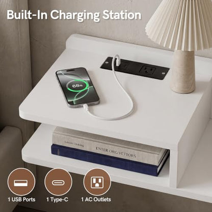 Afuly Floating Nightstand Set of 2 White Bedside Table with ChargingStation | Wall Mounted Side Table with Led Light Modern Minimalist End Table Small Hanging Storage Organizer for Bedroom, Apartment