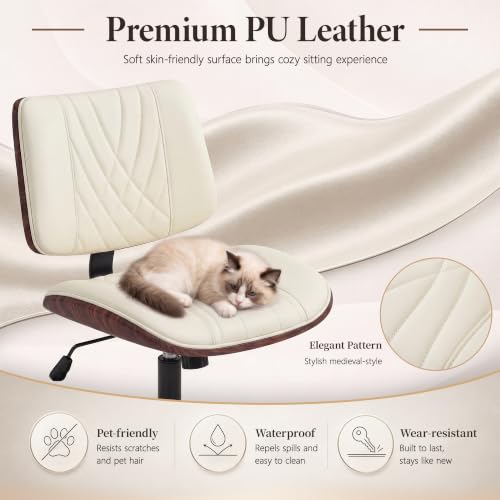 Armless Office Chair, Small Comfy Leather Desk Chair with Wheels | PU Leather, Adjustable Height, Swivel Rolling, Mid Back Computer Chair, Home Bedroom Meeting Room, Beige - color: Beige