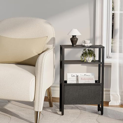 Narrow Side Table, Slim End Table with Magazine Rack, Skinny Bedside Table for Small Spaces, 3 Tier Sofa Couch Table Nightstand for Living Room, Bedroom, Black LET503B - color: Black, style: No Charging Station