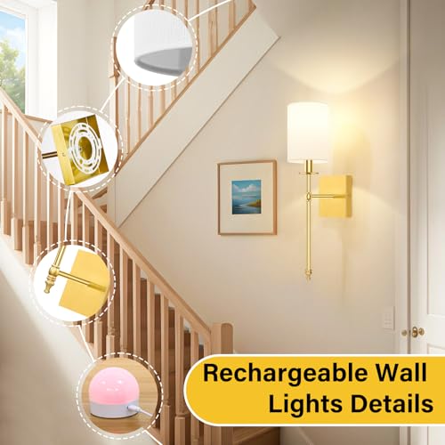 19.9 Inch Wall Sconces Battery Operated Set of 2, Gold Rechargeable Wireless Wall Sconces Lights with Remote, Not Hardwired Dimmable Wall Lamps with White Fabric Shade for Bedroom, 2 Bulbs Included - color: Gold and White, size: 19.9 inch