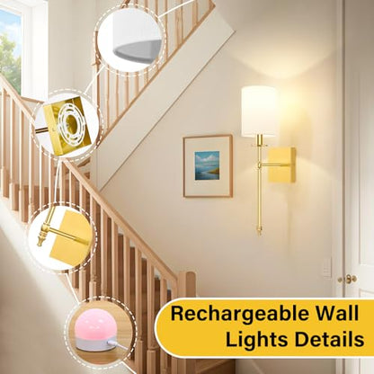 19.9 Inch Wall Sconces Battery Operated Set of 2, Gold Rechargeable Wireless Wall Sconces Lights with Remote, Not Hardwired Dimmable Wall Lamps with White Fabric Shade for Bedroom, 2 Bulbs Included - color: Gold and White, size: 19.9 inch