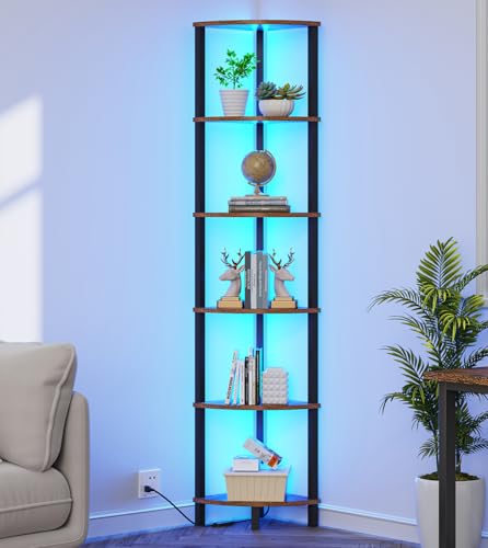 VIMBER 6-Tier Corner Shelf with LED Light, Industrial Corner Ladder Shelf, Rustic Display Shelf for Living Room, Bedroom, Kitchen, Home Office, Sturdy Frame, Rustic Brown and Black UJSJ002F - color: Rustic Brown and Black, size: 6-Tier with LED