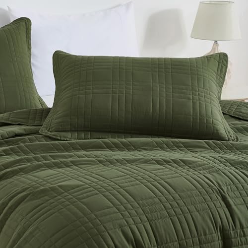 Chezmoi Collection Kingston Queen Size Bedspread Set, 3-Piece Olive Green Oversized Quilted Microfiber Lightweight Bedspread Coverlet (100"x106") for All Seasons - color: Olive Green, size: Queen