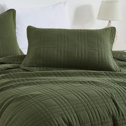 Chezmoi Collection Kingston Queen Size Bedspread Set, 3-Piece Olive Green Oversized Quilted Microfiber Lightweight Bedspread Coverlet (100"x106") for All Seasons - color: Olive Green, size: Queen