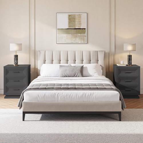 Night Stand, Black Nightstand with 3 Drawers, Bedside Table for Bedroom with Metal Handle, Wood Modern End Tables for Bedroom - size: 1 Piece