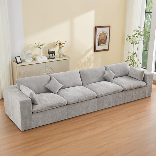 146''Cloud Boneless Sectional Couch, Modular Sectional Sofa Deep Seat, Oversized Upholstered Convertible Comfy 4 Seater Chenille Memory Foam Sofa Couches for Living Room, Light Grey - color: Light Grey, size: 146"/4 Seater