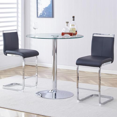 gopop 3 Piece Dining Table Set for 2, Modern Round Glass Counter Height Pub Table, Compact High Top with Bar Stools Pub Dining Set for Kitchen, Breakfast Room, Dining Room. (Black, 3 Piece) - color: Black