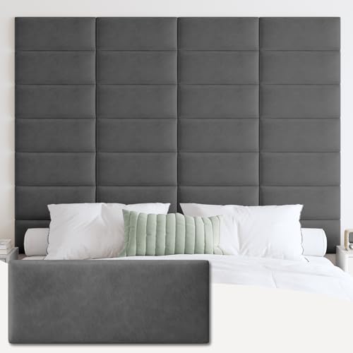 IFNOW Wall Mounted Headboard, Peel and Stick Panels, Dark Grey, King | Upholstered 3D Soundproof Acoustic Panels, Reusable and Removable, Padded Leather Bed Headboard, 12 Panels, 9.84" x 23.62" - color: Leather-dark Grey, size: King