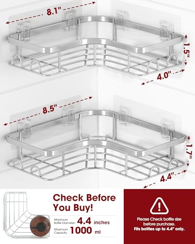 Sakugi Corner Shower Caddy - 2 Pack, Adhesive Shower Organizers, Rustproof Stainless Steel Shower Shelves with 8 Hooks, No Drilling Bathroom Organizers and Storage Racks, Space-Saving, Silver, Medium - color: Silver, size: Medium