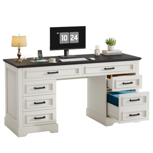 Vabches Farmhouse Executive Desk with Charging Station, White and Brown | 55'' Large Wooden Computer Desk with 7 Drawers, Workstation Computer Desk with File Cabinet for Home Office and Study - color: Rustic White and Rustic Black