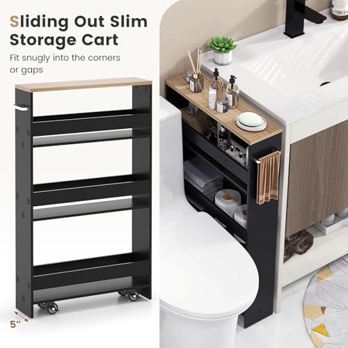 COSTWAY Slim Rolling Storage Cart, 4-Tier Rolling Utility Cart, Wood Kitchen Storage Cart with Handle & Wheels, Narrow Rolling Shelving Unit for Kitchen Bathroom Laundry Small Places (Dark) - color: Dark