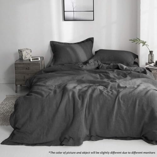 Simple&Opulence 100% Linen Duvet Cover Set with Embroidery Border Washed - 2 Pieces (1 Duvet Cover & 1 Pillow Sham) with Button Closure Soft Breathable Farmhouse - Dark Grey, Twin Size - color: Dark Grey, size: Twin