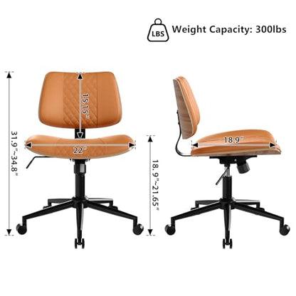 Modern Armless Office Chair with Wheels, Wide Seat Walnut, Brown | Adjustable Swivel Desk Chair with Mid Back & Tilt Function, Faux PU Leather Mid Century Modern Task Office Chair, 300LBS Cap - color: Brown, size: MCM Style Wide Seat