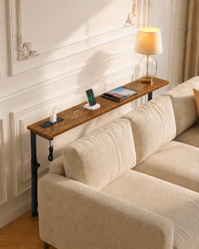 2Pack Behind Couch Table w/Charging Station Narrow Console Table | Adjustable Height(23.6"-31.9"), 5.9"Wx78.8"L, Slim Long Sofa Table, 2 Power Outlets, for Living Room, Entryway, Rustic Brown