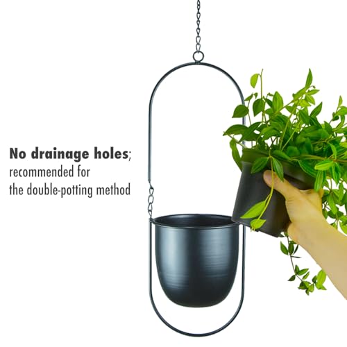 Modern Metal Hanging Planters with 6 Inch Pots and Sleek Chains - Set of 2 Oval Geometric Plant Hangers - Black Wall and Ceiling Mount Flower Holders for Indoor Décor - size: OVAL-6 INCH POT-V2