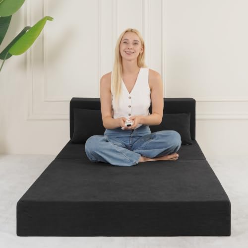 Fvkind Folding Futon Couch, Convertible Sleeper, Standard Size, Dark Grey | Ribbed Corduroy Fabric - Foldable Guest Bed - Bedroom & Living Room - Adults & Visitors - Easy Fold Storage - color: Dark Grey, size: Twin