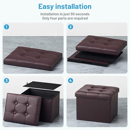 Bsketa Storage Ottoman Bench, 16" Folding Leather Foot Rest, Brown 2 Pack | Small Ottoman with Side Pockets, Thicker Foam Padded Seat, Livingroom, Dorm, Bedroom, Easy to install, 38L, 16x12x12in - color: Brown 2 Pack-with Side Pockets.