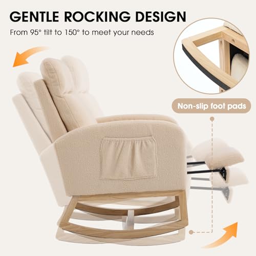 Rocking Chair Nursing, Rocker Chair with Footrest (Cream) | Teddy Boucle Upholstered Accent Reading Chair with High Back & Side Pocket for Living Room Bedroom Nursery Office - color: Cream