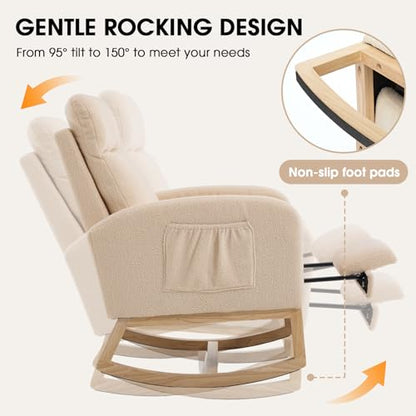 Rocking Chair Nursing, Rocker Chair with Footrest (Cream) | Teddy Boucle Upholstered Accent Reading Chair with High Back & Side Pocket for Living Room Bedroom Nursery Office - color: Cream