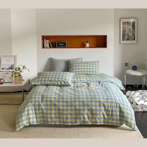 mixinni Plaid Duvet Cover Set Twin Yellow - Soft Washed Cotton Modern Geometric Bedding Set with 2 Pillowcases, Blue Green Gingham Grid Twin Duvet Cover for Men & Women, Soft & Lightweight - color: 04 - Yellow/Blue Plaid, size: Twin