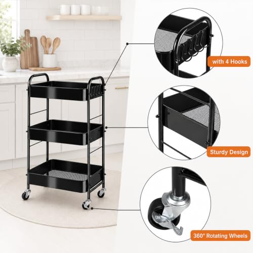 SUNLPH 3-Tier Rolling Utility Cart with Stopper Caster Wheels and 4 Hooks, Easy Assembly, for Kitchen, Bathroom, Living Room, Office (17.7”L x 12.2”W x 29.1”H, Black)