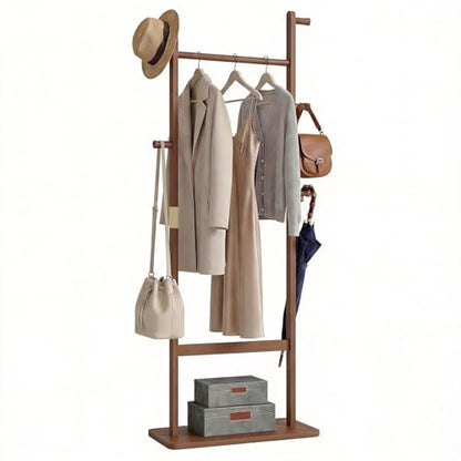 Solid Wood Coat Rack Freestanding, 71" Heavy Duty Clothes Rack with Dual Rods & Hooks, Stable Space Saving Hall Tree Entryway Organizer for Bedroom, Living Room (Walnut) - color: Walnut