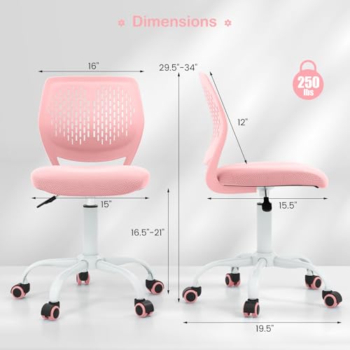 GIANTEX Kids Desk Chair, Adjustable Children Study Chair, Swivel Armless Mesh Task Office Chair, Computer Desk Chair with Adjustable Height & Lumbar Support, Pink - color: Pink