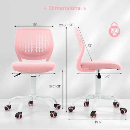 GIANTEX Kids Desk Chair, Adjustable Children Study Chair, Swivel Armless Mesh Task Office Chair, Computer Desk Chair with Adjustable Height & Lumbar Support, Pink - color: Pink