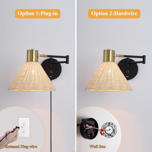 Plug in Rattan Wall Sconce Swing Arm Wall Lamp with USB Port and Dimmer Switch Hand-Woven Boho Rattan Wall Mounted Lamp Suitable for Hallway Bedroom Living Room.Balck - color: Black+Rattan Shade