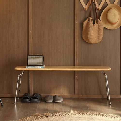 Modern Wooden Bench Indoor, Solid Wood Long Bench with Stainless Steel Legs for Dining Room, Entryway, Bedroom - 47.2" Long Entryway Benches for Farmhouse, Kitchen, Living Room - color: Natural Wood, size: 47.2"L x 10"W x 17.7"H