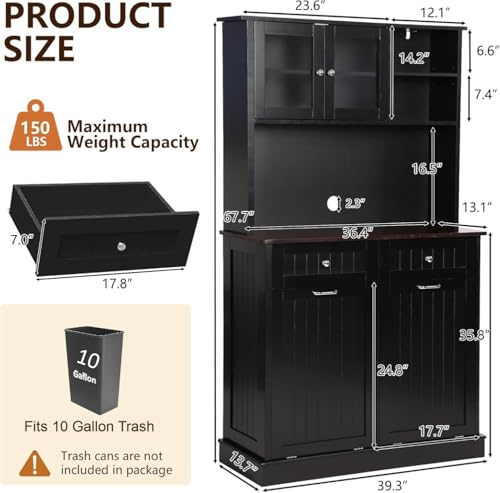 68.4" Kitchen Pantry Storage Cabinet, Freestanding Cupboard with Shelf, 2 Drawers and 2 Tilt Out Trash Cabinet, Tall Cabinets for Kitchen, Dinning Room, Living Room (Glossy Black, Double Tilt) - color: Glossy Black