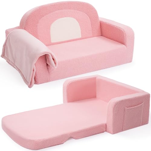Foryoomi Extra Wide Kids Couch, 2-in-1 Soft Toddler Couch with Blanket, Comfy Toddler Chair, Convertible Sofa with Cute Rainbow Design, Pink - color: Pink Rainbow