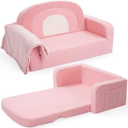 Foryoomi Extra Wide Kids Couch, 2-in-1 Soft Toddler Couch with Blanket, Comfy Toddler Chair, Convertible Sofa with Cute Rainbow Design, Pink - color: Pink Rainbow