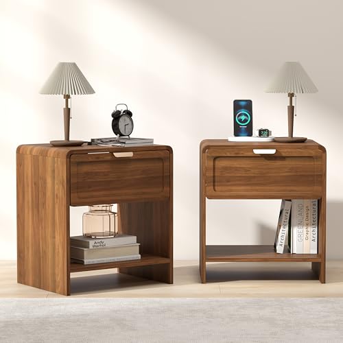 LEVNARY Compact Nightstand Set of 2, Mid-Century Modern Bedside Table with Charging Station and Curved Top Corners, Wooden Small End Table for Farmhouse Bedroom Living Room (2, Walnut) - color: Walnut–solid Drawer Front, size: 2-Pack