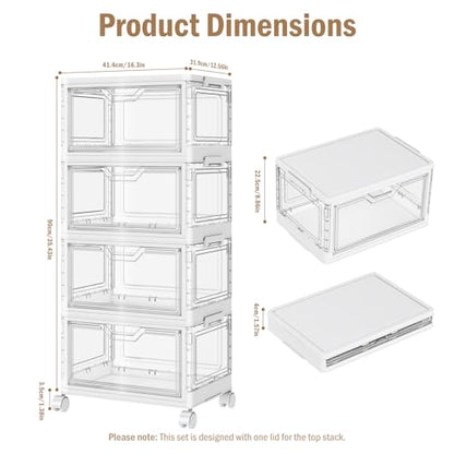 Kmiectse Clear Storage Bins with Lids - 4 Tier 32qt Plastic Stackable Bins | Clear Storage Bins with Lids - 4 Tier Plastic Bins with Wheels, Stackable Storage Bins, Closet Organizers Box - size: 32QT-4Pack&1Lid