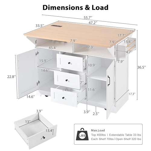 55.7" W Kitchen Island with 2 Drop Leaf, Moblie Kitchen Cart On Wheels with Storage Cabinet, 3 Drawers, Multifunctional Rolling Dining Table with Power Outlet, Spice & Towel Rack (White-v) - color: White-v)