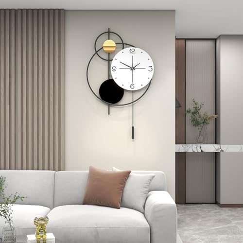 Large Modern Wall Clock for Living Room Decor 24 Inch Big Decorative Black Metal Wall Clock with Pendulum for Home Bedroom Kitchen Office Battery Operated Non Ticking Decoration Clocks Wall - style: Contemporary