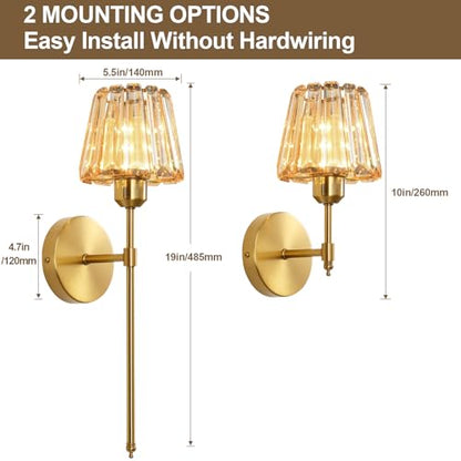 Battery Operated Crystal Wall Sconce Set of 2, Amber Rechargeable Wireless Wall Sconces with Remote Dimmable 12 Colors Modes Led Wall Lights for Bedroom Living Room Hallway, 2 Bulbs Included - color: Amber
