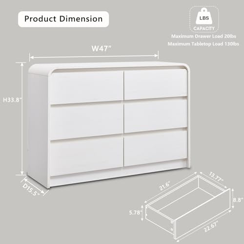 Aitjunz Modern 6 Drawers Dresser for Bedroom, 47" Wide Wood Dressers & Chests of Drawers with Curved Profile Design, Mid Century Modern Dresser for Closet for Bedroom, Living Room, Antique White - color: White, size: 15.5"D x 47.2"W x 33.9"H (6 Drawers)