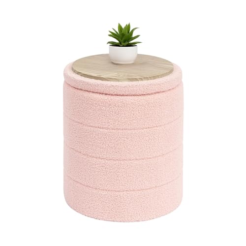 B FSOBEIIALEO Folding Storage Ottoman, Round Sherpa Ottomans, Pink | 14.6" Foldable Ottoman With Tray, Boucle Foot Stool, Small Storage Coffee Table for Living Room, Bedroom, Hallway - color: Pink, size: 14.6"D x 14.6"W x 17.7"H