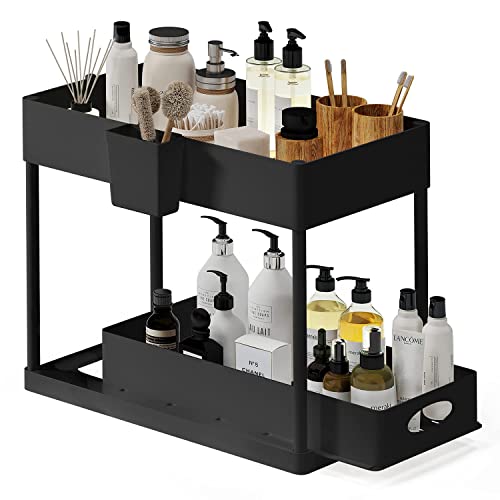 Under Sink Organizers and Storage, Bathroom Cabinet Organizer, Sink Shelf with Utility Hooks and Side Caddy for Under Cabinet Storage | Under Kitchen Sink Organizer with Sliding Drawer, Black (1-Pack) - color: Black, size: Pull-Out - 1 Pack