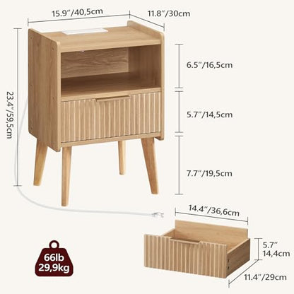MAHANCRIS Natural Nightstand with Charging Station, Modern Bedside Table with Drawer and Storage Shelf, End Side Table with Solid Wood Legs, Night Stand, Living Room, Bedroom, Small Space, ETNA61E01 - color: Natural